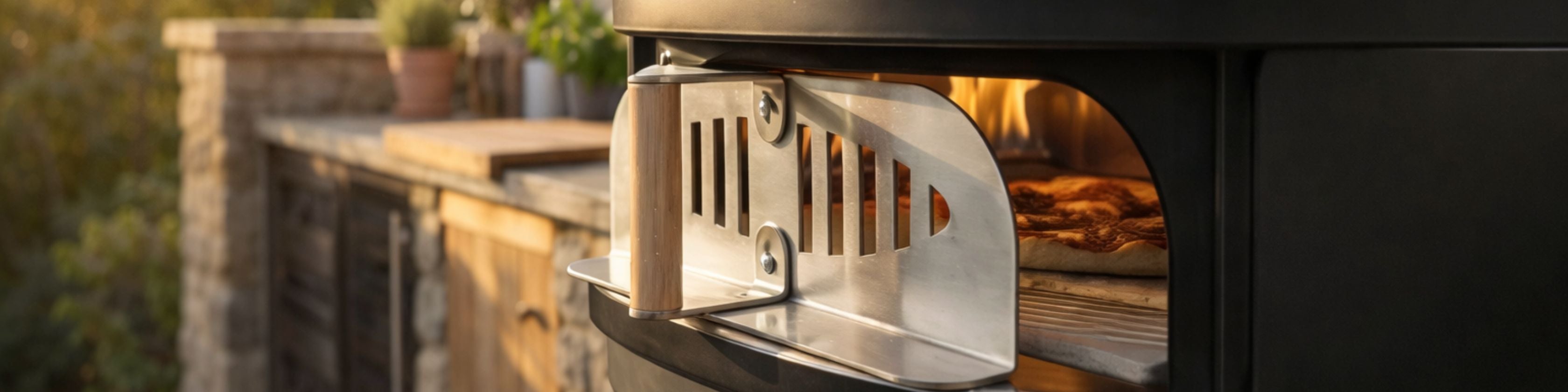 Stainless steel pizza oven door installed on outdoor pizza oven by TwinsOvens
